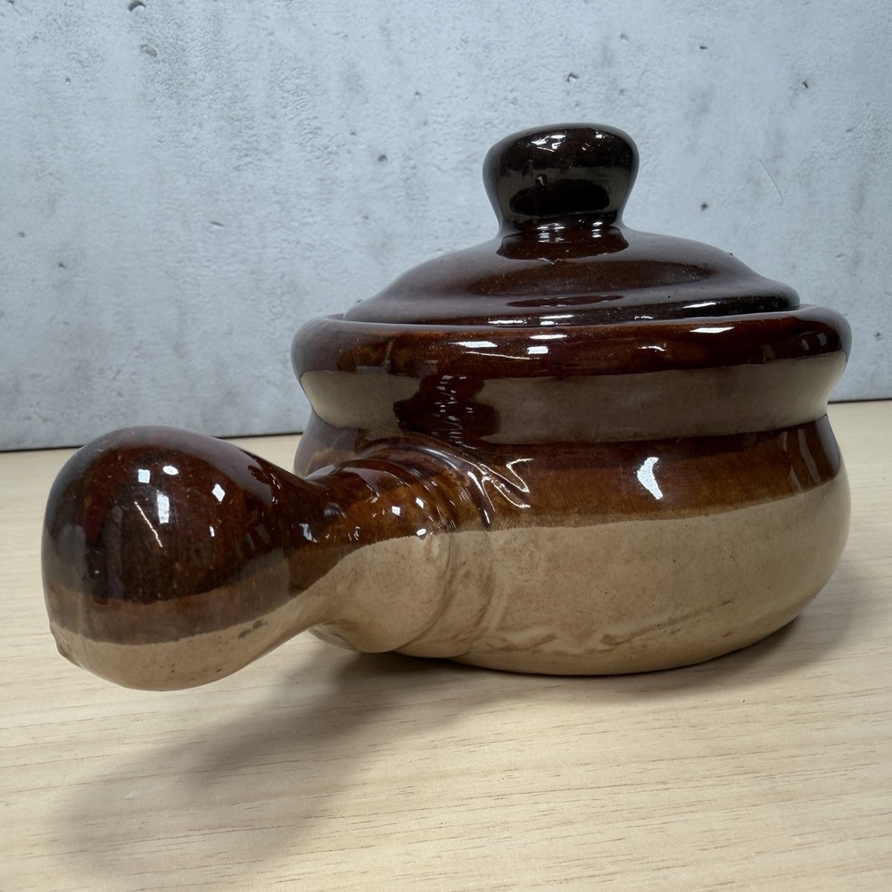 Vintage French Onion Soup Crock Handled Bowls with Lid Brown Glazed (1) - Picture 5 of 13